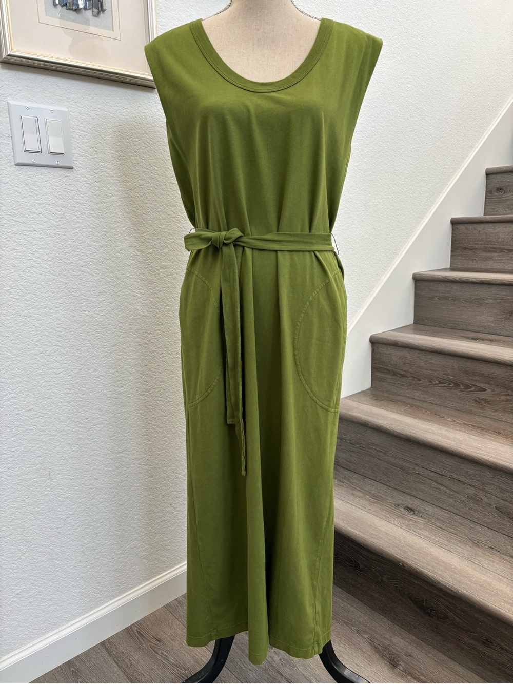 Velvet by Graham & Spencer Olive Green Sleeveless Midi Dress with Self-Tie Belt